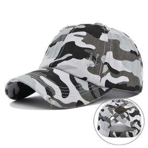 Detail of distressed camouflage ponytail baseball cap with elastic cross-back design
