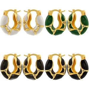Enamel Hoop Earrings Brass Zircon Inlay Irregular U-Shape Design Light Luxury Trendy Fashion Jewelry Women