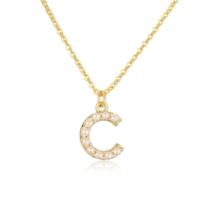 Elegant gold necklace with a letter C pendant inlaid with white pearls for women