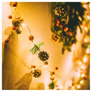 Detail of Christmas string lights with pine cones, red berries and warm LED glow