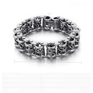 Detail view of 17mm wide stainless steel punk chain bracelet with size specifications