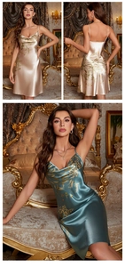 Detail of silk satin floral nightdress in champagne gold and peacock blue with V-neck
