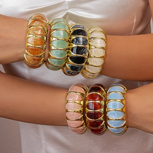 Retro chunky acrylic resin bangles with gold metal trim in seven assorted colors