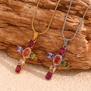 Cross Pendant Necklace 18K Gold Plated Stainless Steel With Colorful Zircon Gemstones Vintage Bohemian Style For Women