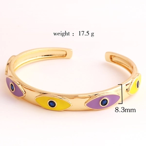 Golden evil eye open bangle with purple and yellow enamel, 8.3mm width and 17.5g weight