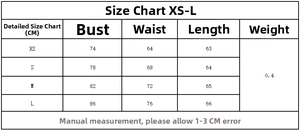 Tableau détaillé des tailles pour le haut bustier en CM, montrant les mesures de XS à L