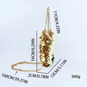Detailed size guide of gold sequin evening bag showing handle height and chain dimensions
