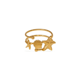 Adjustable 18K gold stainless steel ring with starfish and seashell charms for women