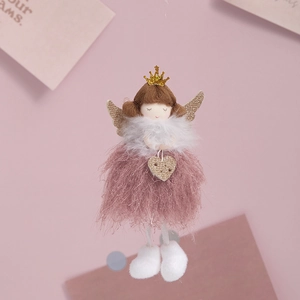 Pink and white plush Christmas angel doll hanging ornament with sequin heart and mesh skirt