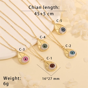 Detail showing five colors of Evil Eye teardrop necklaces with 45+5cm chain length specs