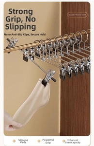 Detail of stainless steel pant clips with non-slip silicone pads hanging socks