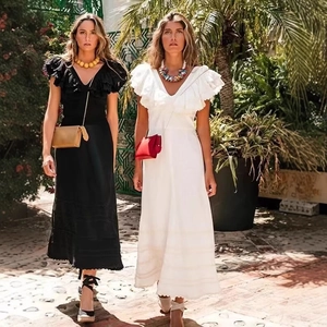 Vestito Maxi Da Donna Scollo A V Maniche Con Volant Elegante Tinta Unita Vita Alta Volant Finitura Ondulata Stile Vacanza