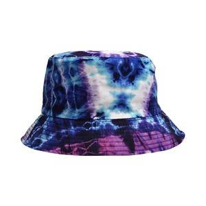 Detailed view of the tie-dye pattern on this blue and purple cotton canvas bucket hat