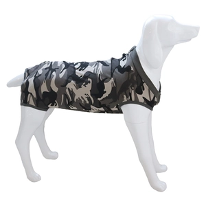 Dog recovery suit in camo pattern for post-surgery protection and wound healing