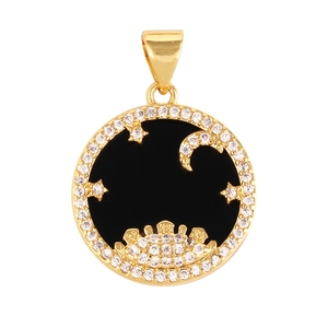 Gold plated copper pendant with black enamel star moon celestial pattern and zircon stones