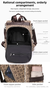 Detail view of printed backpack storage with compartments for umbrella and phone