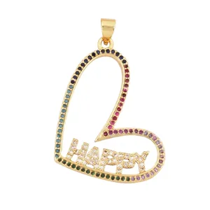 Detailed view of a gold-plated heart pendant featuring rainbow stones and HAPPY lettering