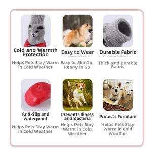 Detail of waterproof non-slip dog shoes with warm grey knit and red rubber soles