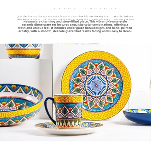 Detail of vibrant hand-painted ceramic tableware with colorful geometric patterns
