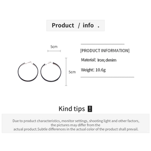 Detailed size chart and material specs for 5cm denim fabric geometric hoop earrings