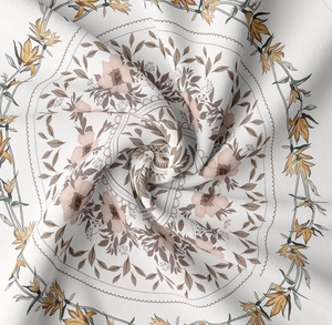 Close-up of floral tapestry showing the twill fabric texture and draped pink flower pattern