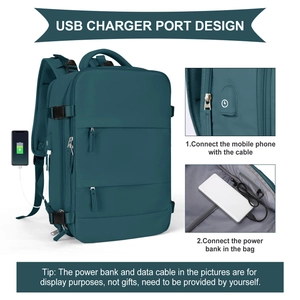 Detail showing the USB charging port on the light green travel backpack for easy mobile power