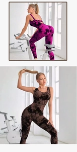 Detail of seamless tie-dye yoga jumpsuits featuring hollow cross back straps and slim fit