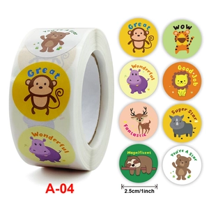 Roll of cute animal motivational reward stickers for kids with eight cartoon patterns