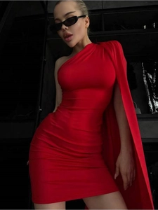 Elegant red one-shoulder mini dress with cape sleeve and slim fit bodycon silhouette