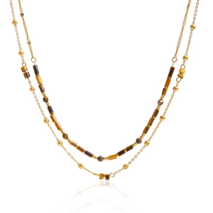Double-layered tiger eye stone necklace with gold stainless steel chain on white background