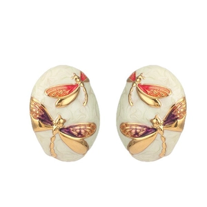 Asymmetric oval gold earrings with colorful enamel dragonfly pattern for women