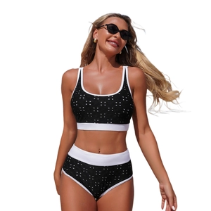 Polka dot bikini set with high-waisted bottoms and white belt trim for women
