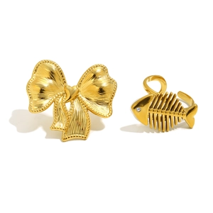 Minimalist 18K gold plated butterfly and rhinestone fishbone open rings for women