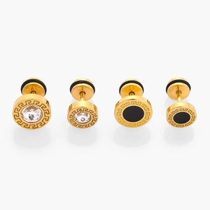 Detail of gold stainless steel stud earrings with Greca pattern and cubic zirconia stones