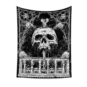 Gothic skull tapestry with black and white gothic arch illustration for wall decor