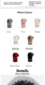 Detail of winter knitted integrated balaclava with plush lining and faux fur pom pom
