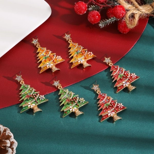Set of three vintage Christmas tree earrings with colorful rhinestones and gold stars