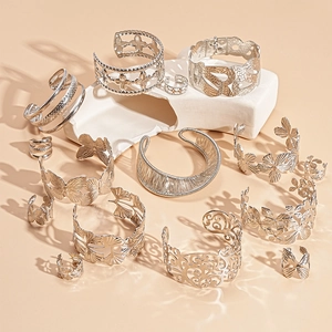 2-piece set silver metal flower ginkgo leaf geometric open bracelets and rings for women
