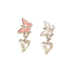Titanium steel butterfly heart earrings with pink and white enamel and clear gemstones