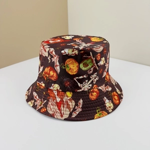 Halloween bucket hat with spooky pumpkin and skull patterns on dark fabric for unisex sun protection