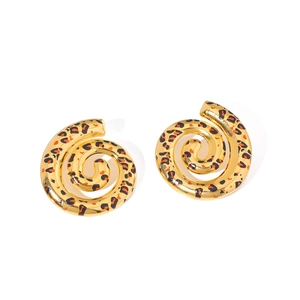 18k gold plated stainless steel spiral hoop earrings with leopard print and crystals