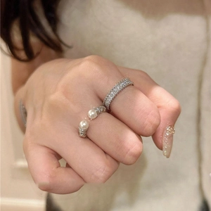 Faux Artificial Pearl Adjustable Open Ring And Multi Row Cubic Zirconia Pave Ring Twisted Rope Design Elegant Jewelry For Women