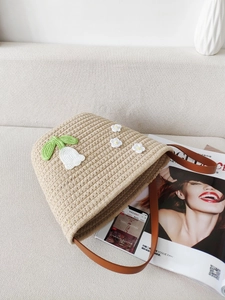 Handmade woven cotton rope bag with 3D crochet flowers and brown flat handles