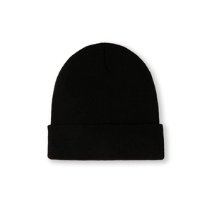 Close-up of black ribbed knit beanie with turn-up cuff design for winter warmth