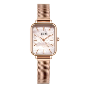 Montre rectangulaire GEDI en or rose avec bracelet en maille et cadran en nacre