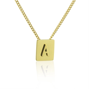 18K gold plated stainless steel square pendant necklace featuring embossed letter A