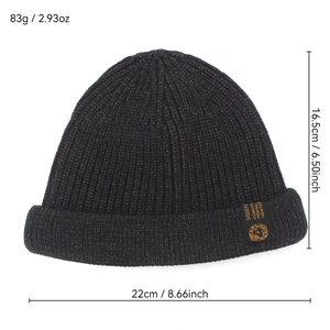 Men's dark gray knitted docker cap with brimless design and orange lion patch detail