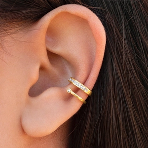Manchette d'oreille double couche plaquée or 18k avec zircons pour oreilles non percées