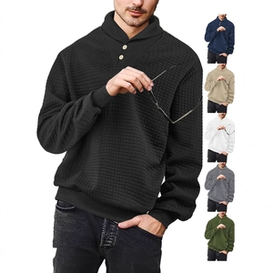Men's waffle knit long sleeve polo sweatshirt in solid colors with button lapel collar