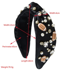 Fashionable black knotted headband with rhinestones, pearls and football charms decoration